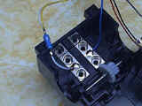 Blue wire (headlight common) soldered to LEGO connector